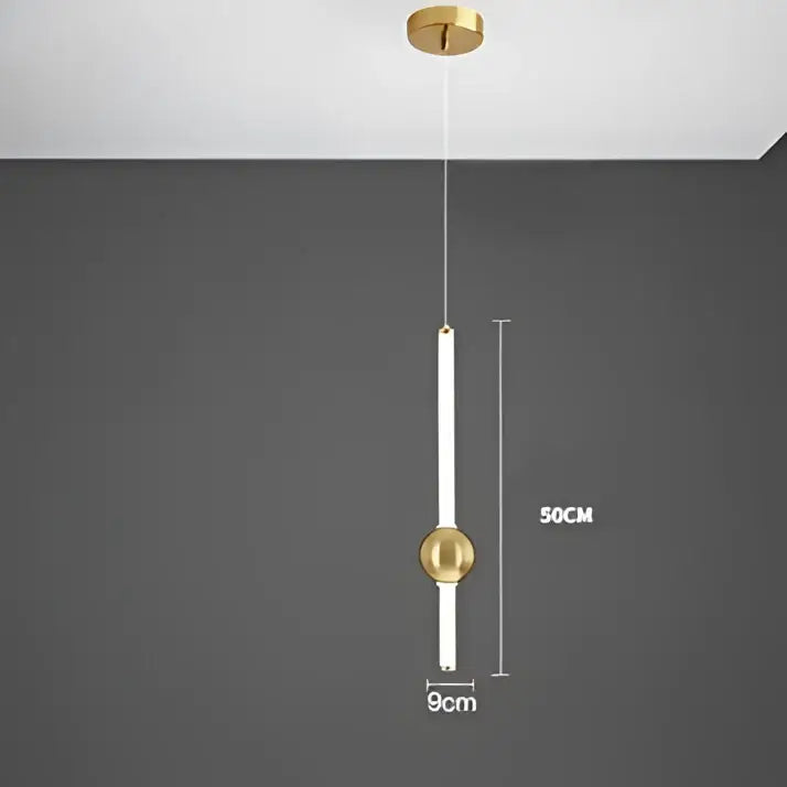 Modern minimalist rod pendant light with gold-toned spherical accent and white glass body for living room lighting