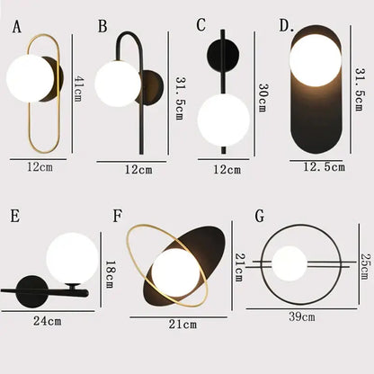 Modern minimalist wall lamp with gold and black finishes and frosted glass shades for bedroom decorbites glass gold led
