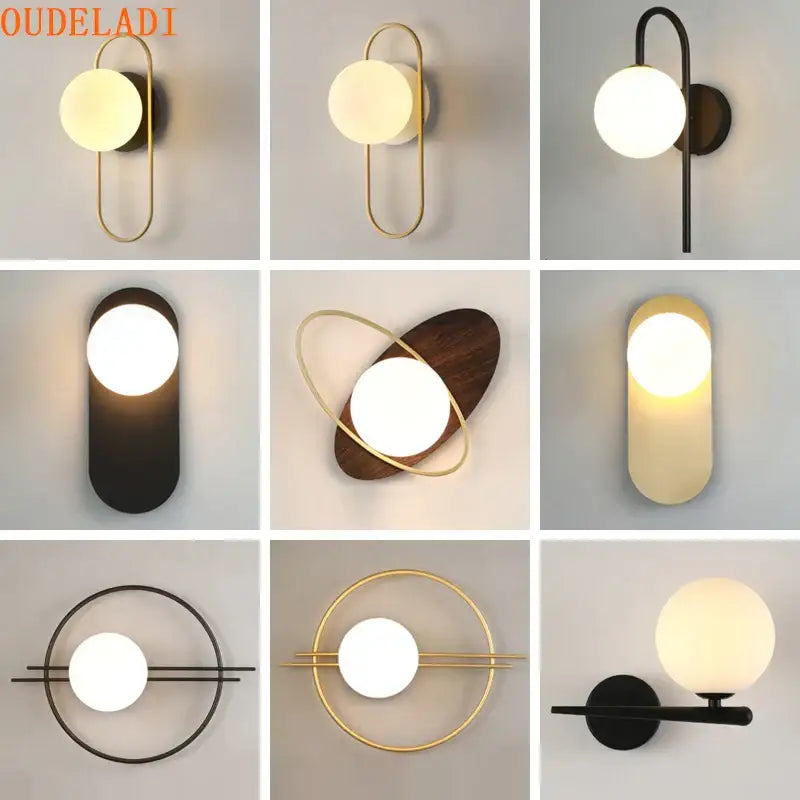 Modern minimalist wall lamp with spherical frosted glass shades in gold and black metal frames for bedroom decorbites glass gold led