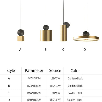 Modern minimalist gold and black led pendant light with sleek geometric cylinder and disc shades for dining room decorbites golden led