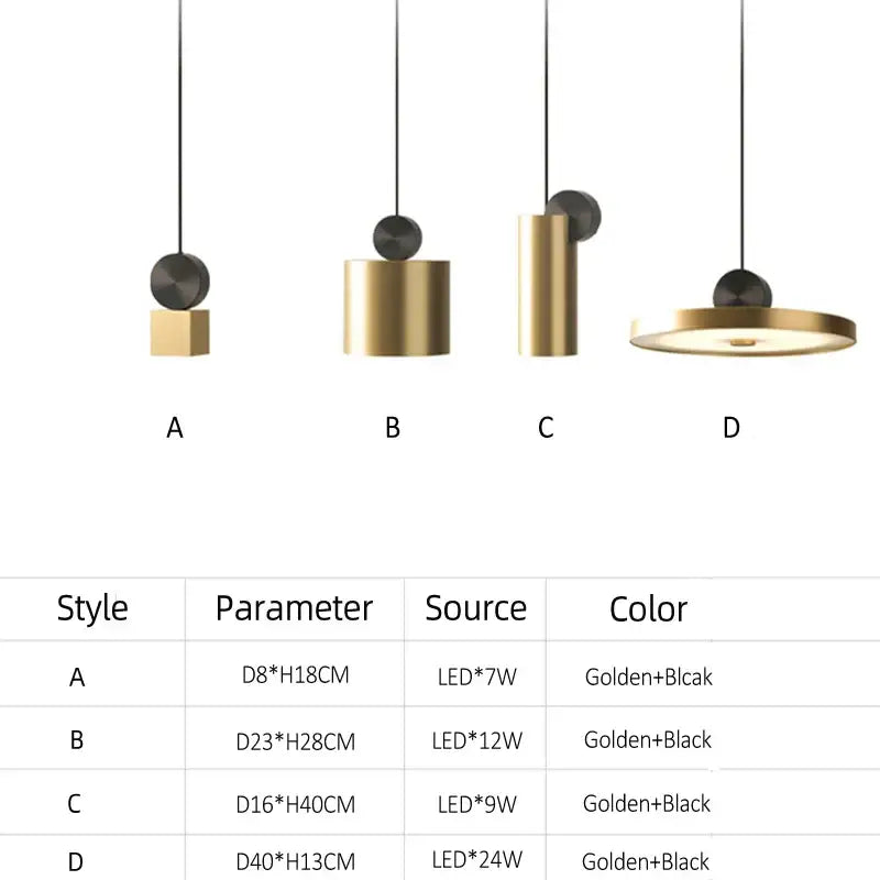 Modern minimalist gold and black led pendant light with sleek geometric cylinder and disc shades for dining room decorbites golden led