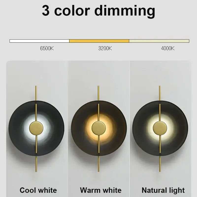 Modern minimalist black and gold led wall lamp with circular design and adjustable 3-color dimming for living room