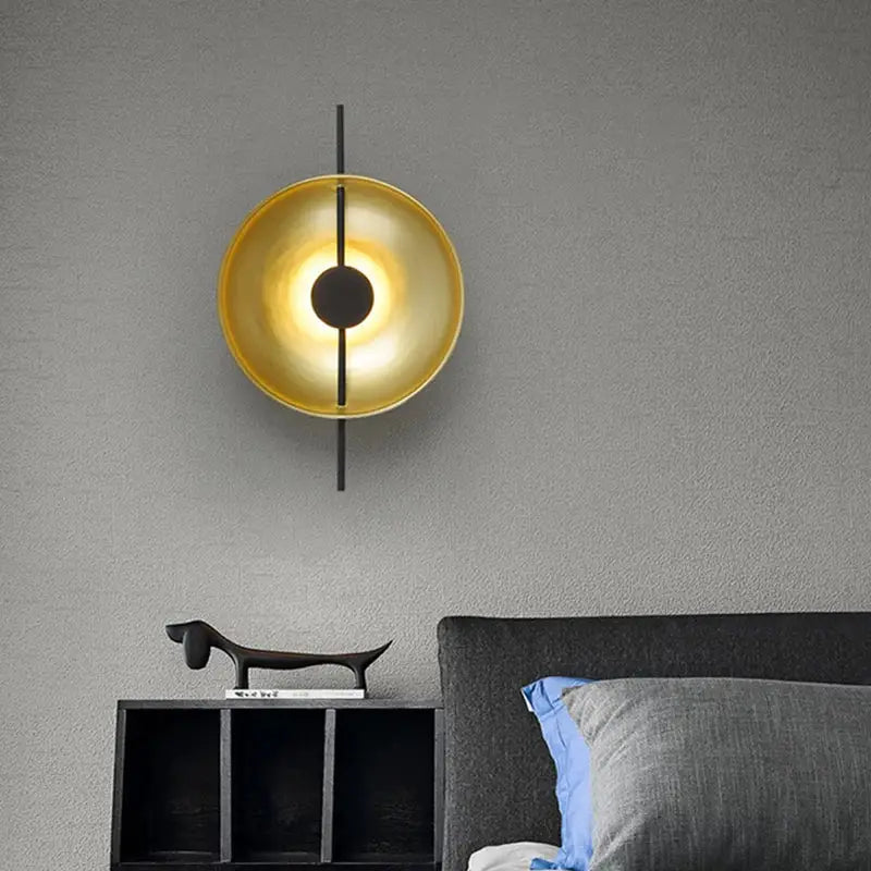 Modern minimalist gold and black led wall lamp with circular sconce and vertical rod for living room wall lamps