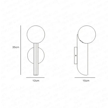Minimalist wall lamps with two spherical decorbites glass ball shades mounted on a gold cylindrical metal stem