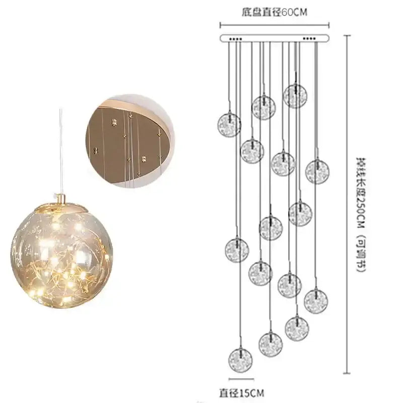 A modern minimalist decorbites glass chandelier with gold-toned frame and warm LED orbs for staircase lighting