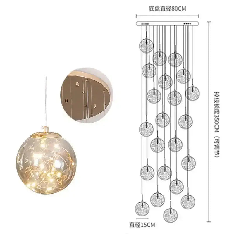 A modern minimalist gold decorbites glass chandelier with spherical glass and warm LED strings for staircase lighting