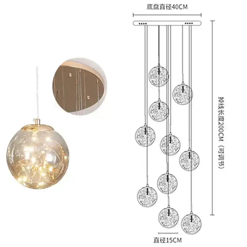 Modern minimalist gold decorbites glass chandelier with tiered clear glass spheres for staircase lighting