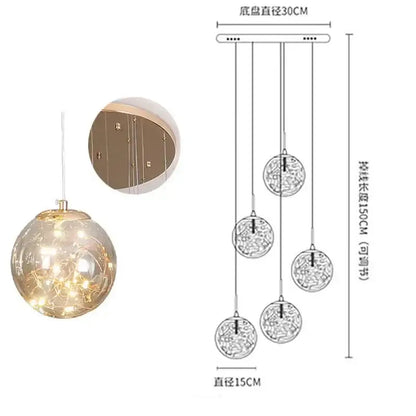 Modern minimalist gold decorbites glass chandelier with five spherical globes and intricate wirework for staircase lighting