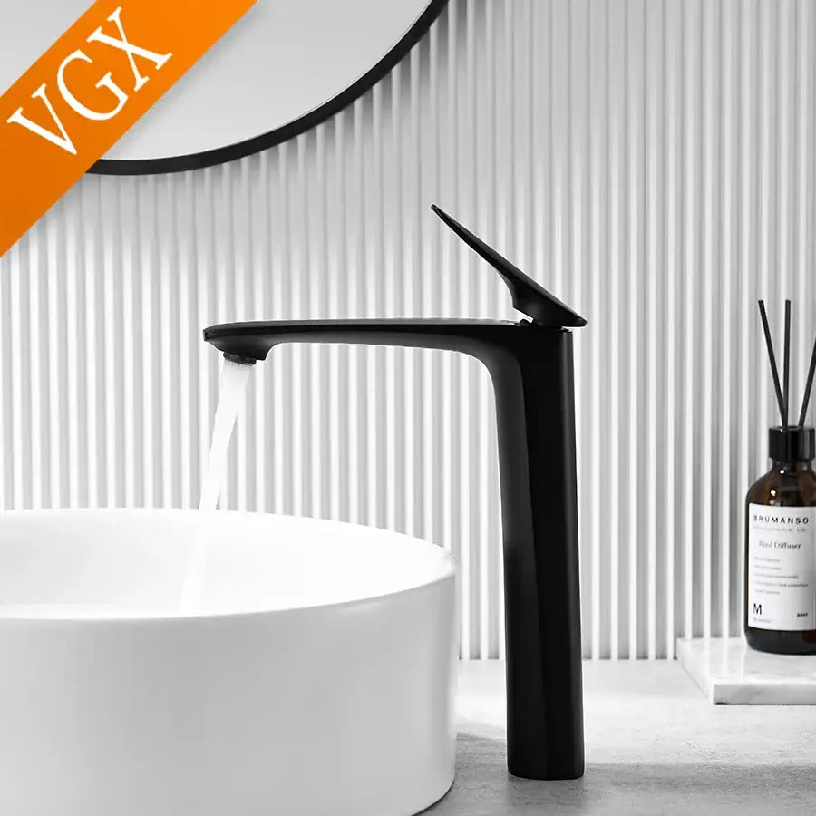 Black matte high basin mixer faucet with sleek minimalist design for cold water in modern bathroom settings