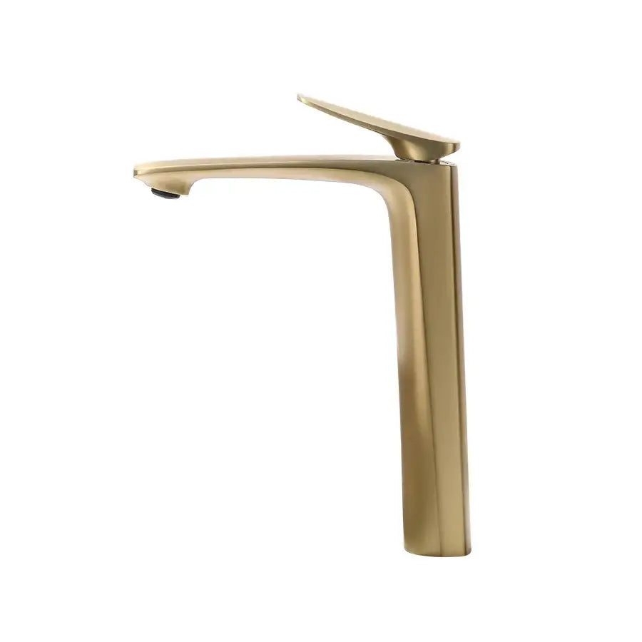 Modern minimalist gold high basin mixer bathroom faucet with sleek design and smooth metallic finish for cold water use