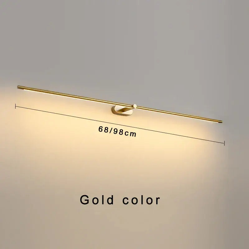 Modern minimalist gold linear led mirror light wall fixture with sleek design for bathroom use