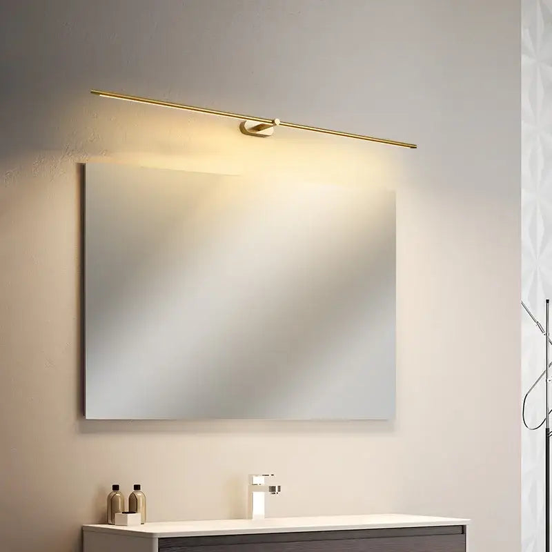 Modern minimalist gold led mirror light bathroom wall fixture with sleek linear design and gold-toned finish