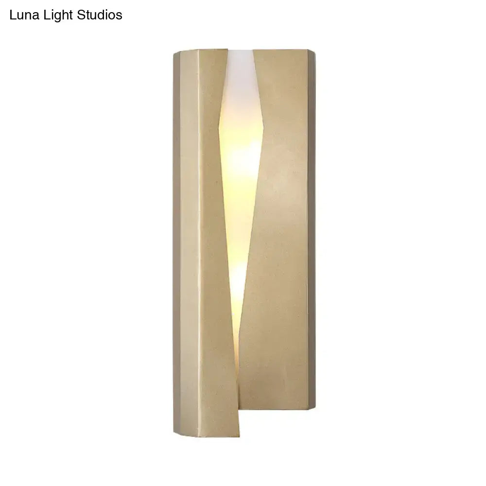 Modern minimalist gold metal rectangle wall sconce light with sleek angular design and central illuminated panel for living room