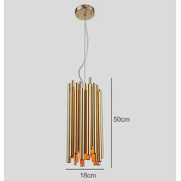 Modern minimalist gold stainless steel chandelier with gold-toned cylindrical pendants and orange glass accents for living room decorbites gold stainless