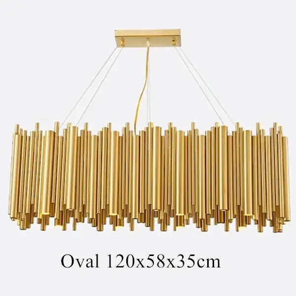Modern minimalist gold stainless steel chandelier with oval vertical rods and rectangular ceiling mount for living room decorbites gold stainless