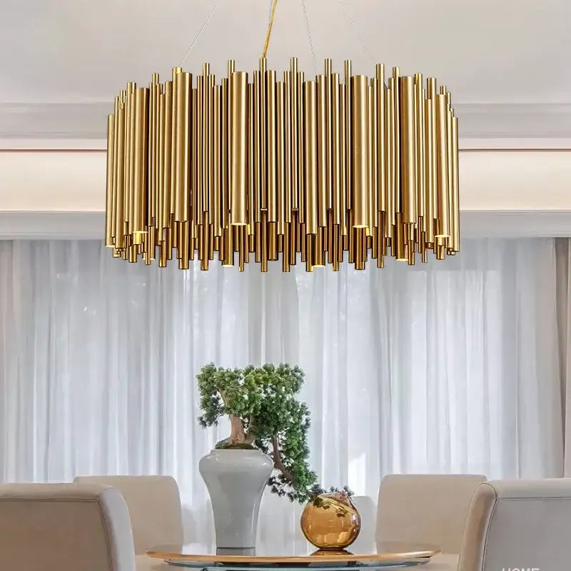 Modern minimalist gold stainless steel chandelier with cylindrical design for living room decorbites gold stainless lamp