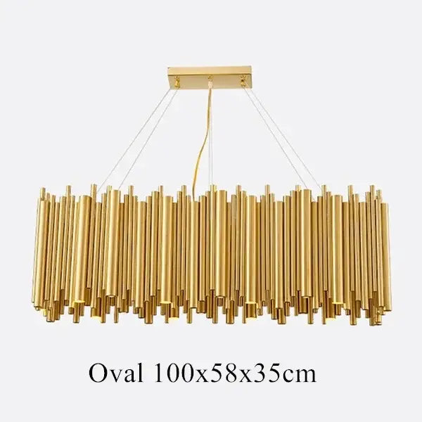 Modern minimalist gold stainless steel chandelier with rectangular mount and oval cylindrical rods for living room decorbites gold stainless