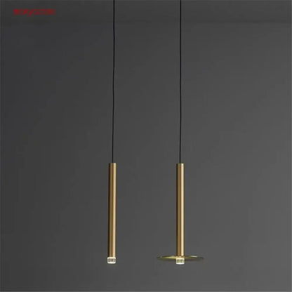 Two minimalist brass decorbites gold tube led pendant lights with cylindrical bodies for kitchen dining room decor