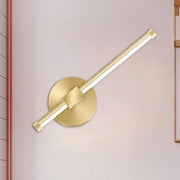 Modern minimalist gold tube stick wall sconce with sleek cylindrical light bar on circular base for bedroom LED lighting