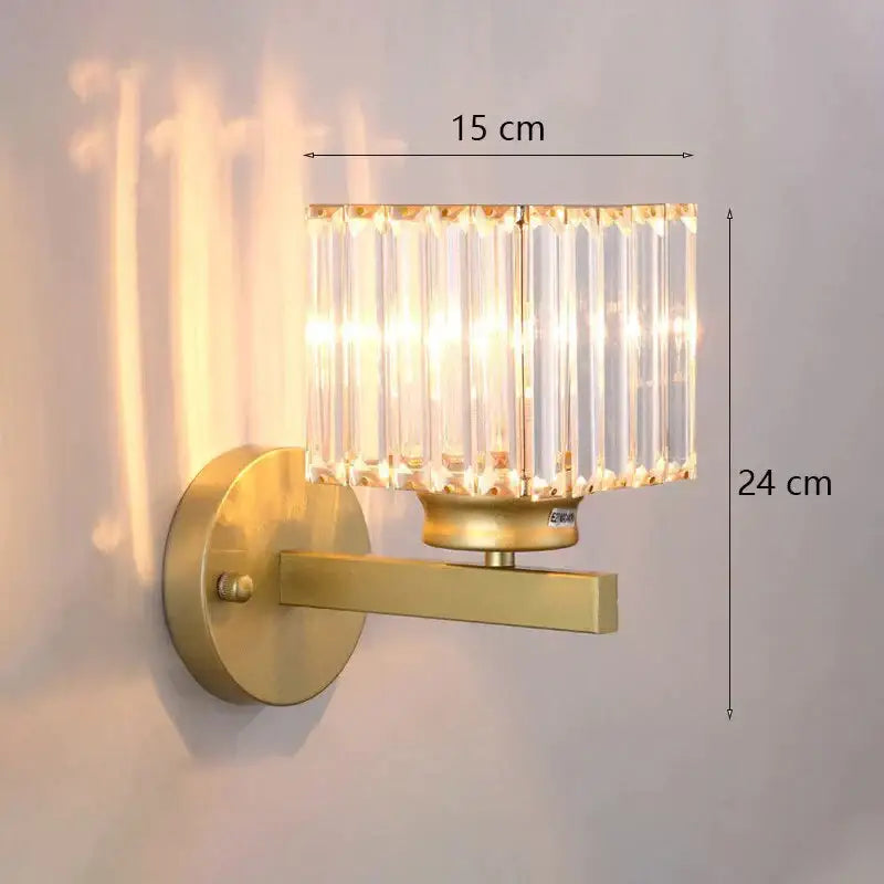 Modern minimalist wall lamp gold toned with rectangular clear crystal rods for bedroom lighting fixture