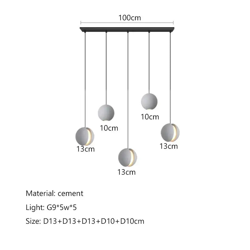 Modern minimalist gray and gold pendant light with five cement planet chandelier shades for dining room decorbites pendant light