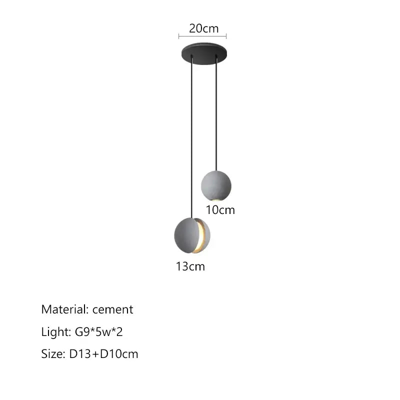 Modern minimalist gray and gold pendant light with two spherical cement shades decorbites cement planet chandelier