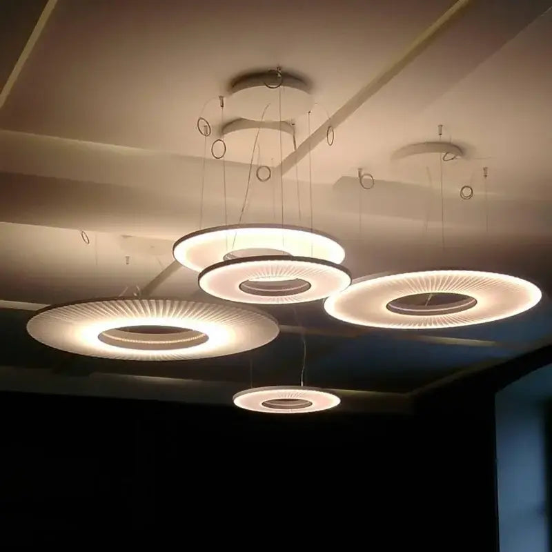 Modern minimalist dix iris pendant light with warm white led and frosted glass rings for dining room decor