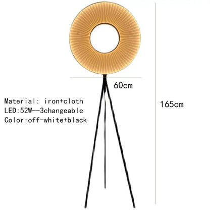A modern minimalist iris pendant light featuring a circular pleated off-white shade and black iron legs for dining room decor