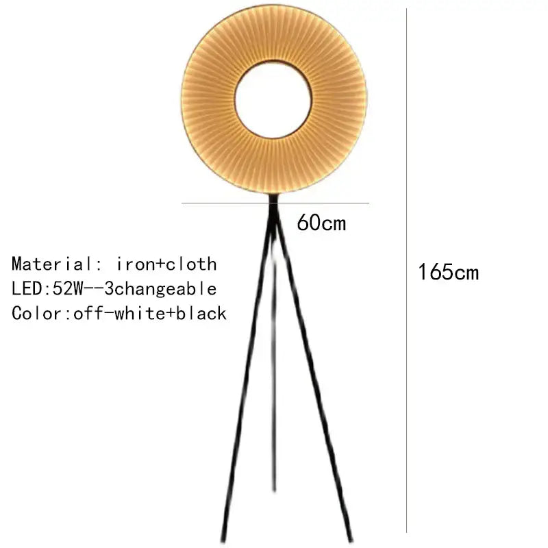 A modern minimalist iris pendant light featuring a circular pleated off-white shade and black iron legs for dining room decor