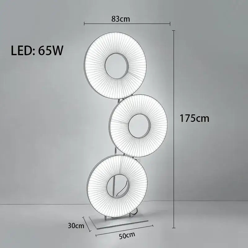 Modern minimalist iris pendant light with three illuminated radial pleated rings emitting bright white light for dining room decor