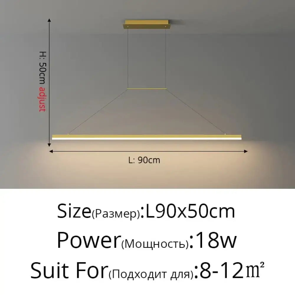 Modern minimalist led black pendant light with gold-finished linear design and adjustable height for dining room use
