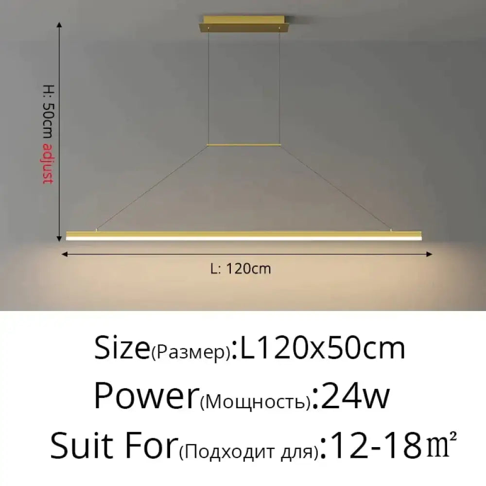 Modern minimalist led pendant light in gold finish with linear design and adjustable height for dining room use