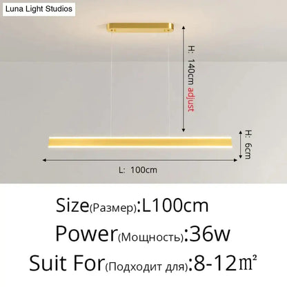 Modern minimalist led gold pendant light with sleek rectangular design and adjustable height for dining room use