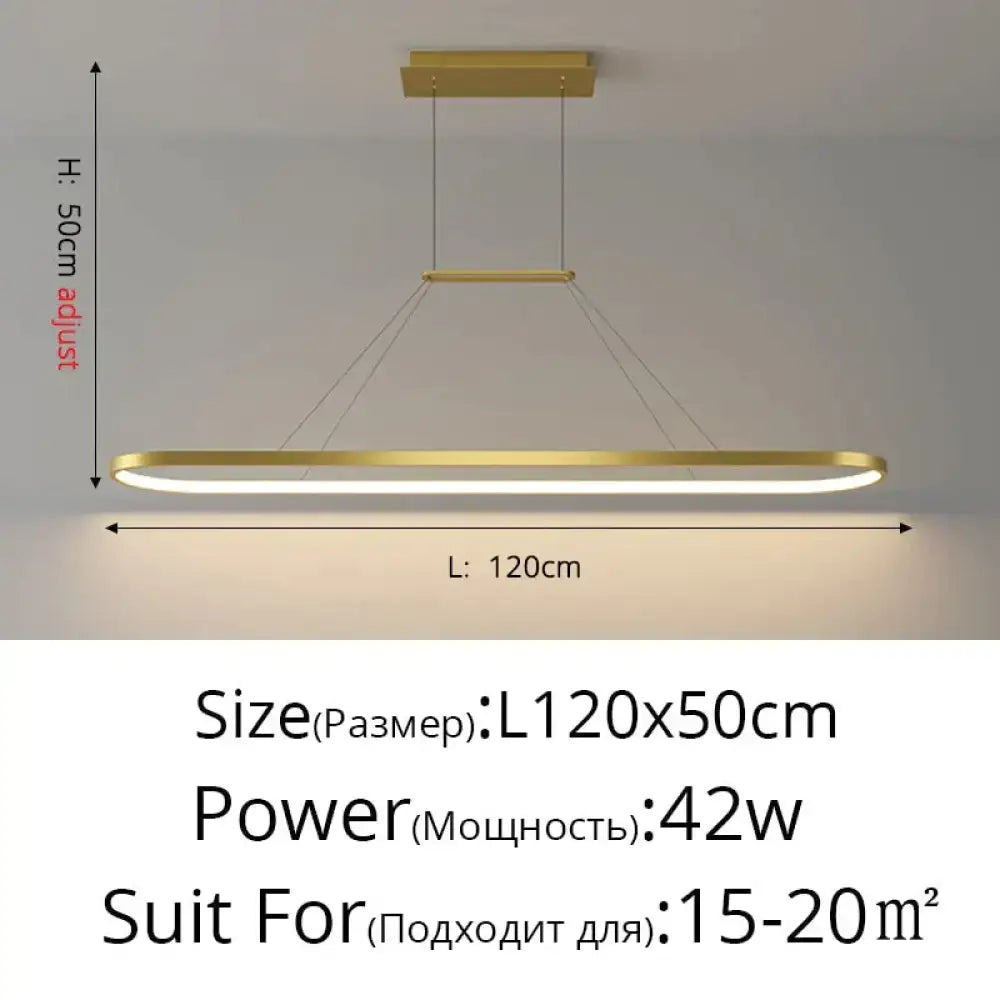 Modern minimalist led gold-finished rectangular pendant light with adjustable height for dining room lighting
