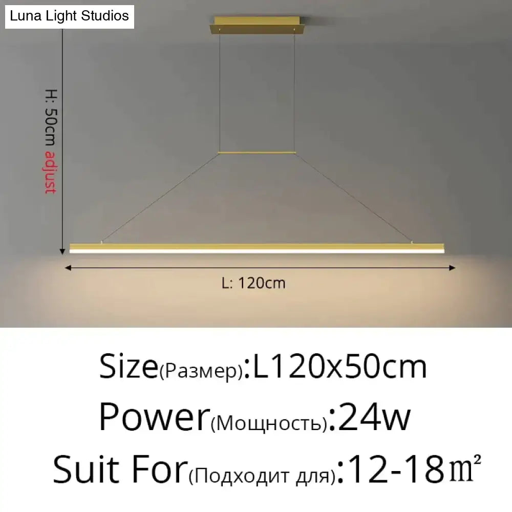 Modern minimalist led pendant light with gold finish, linear design, adjustable height for dining room illumination
