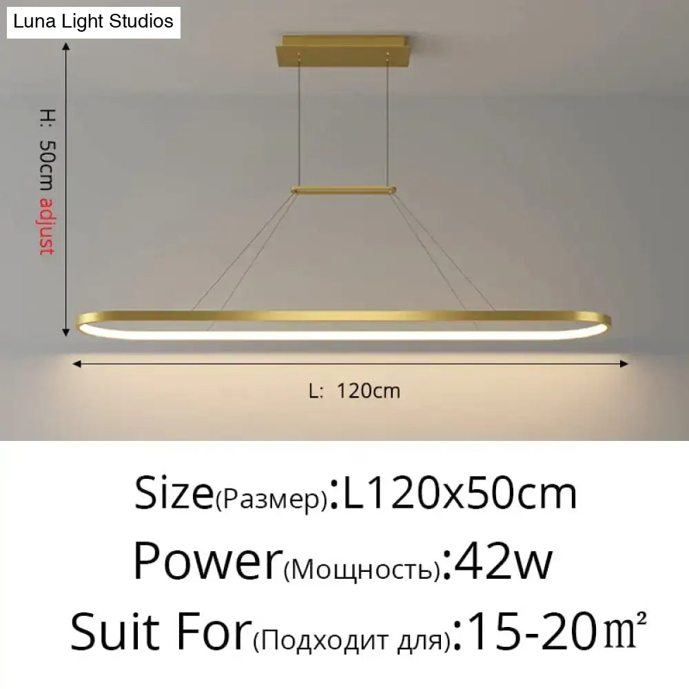 Modern minimalist led pendant light with gold finish rectangular design and adjustable height for dining room use