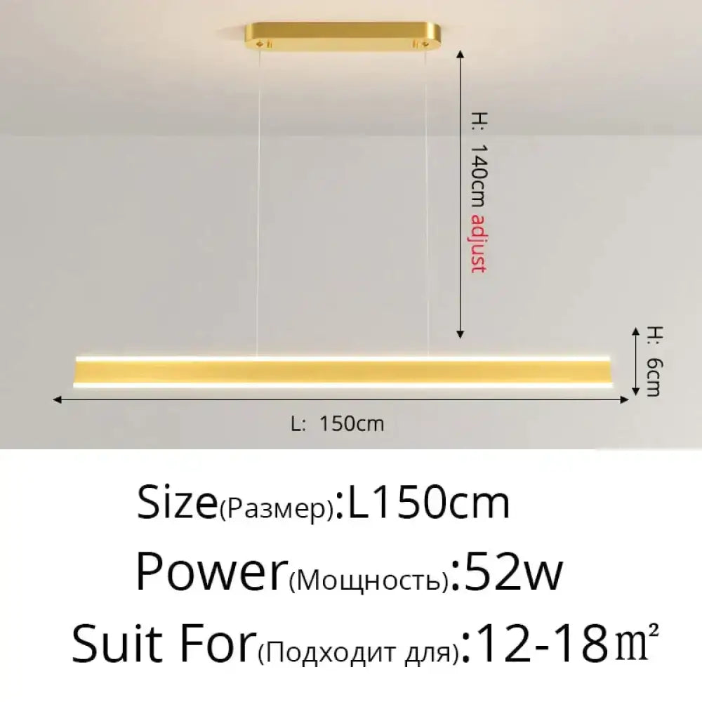 Gold-colored rectangular modern minimalist led pendant light with adjustable hanging height for dining room use