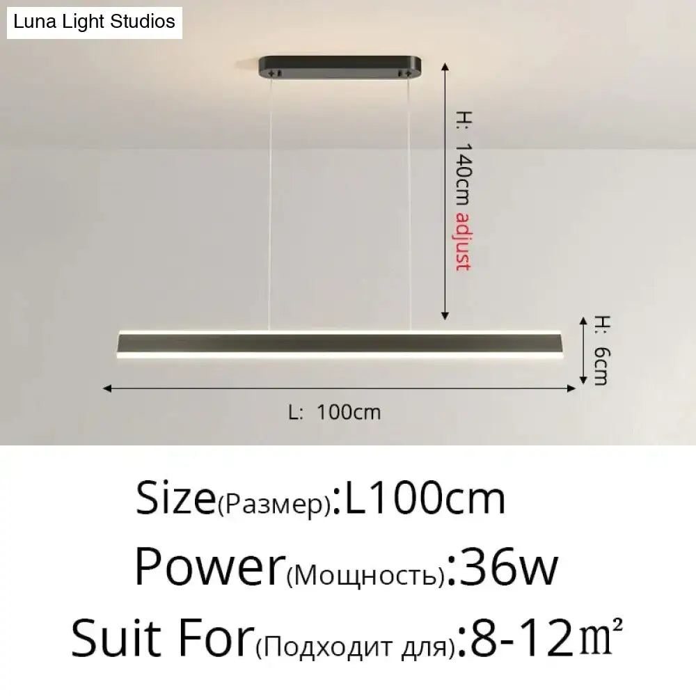 Modern minimalist led black pendant light featuring sleek rectangular design and adjustable height for dining room use