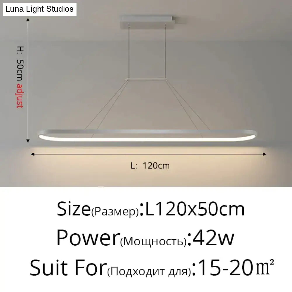 Modern minimalist led black pendant light with sleek elongated rectangular design and smooth white finish for dining room