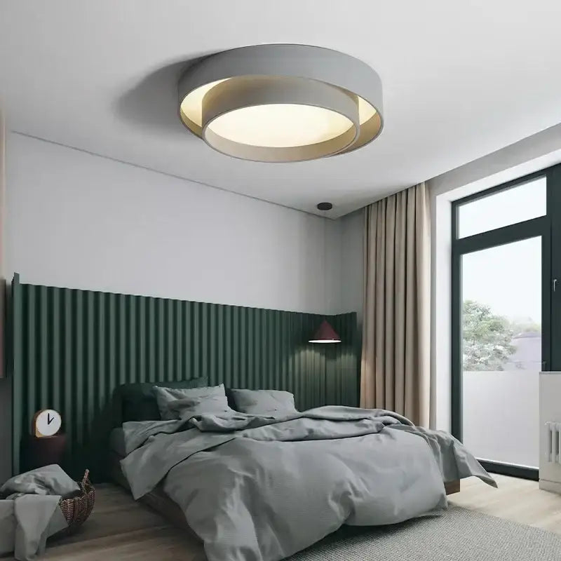 Modern minimalist led ceiling light with matte gray outer ring and warm gold accent for white and black bedrooms
