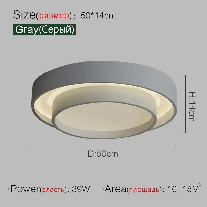 Gray circular led ceiling light with two concentric rings and illuminated inner ring for modern bedroom lighting