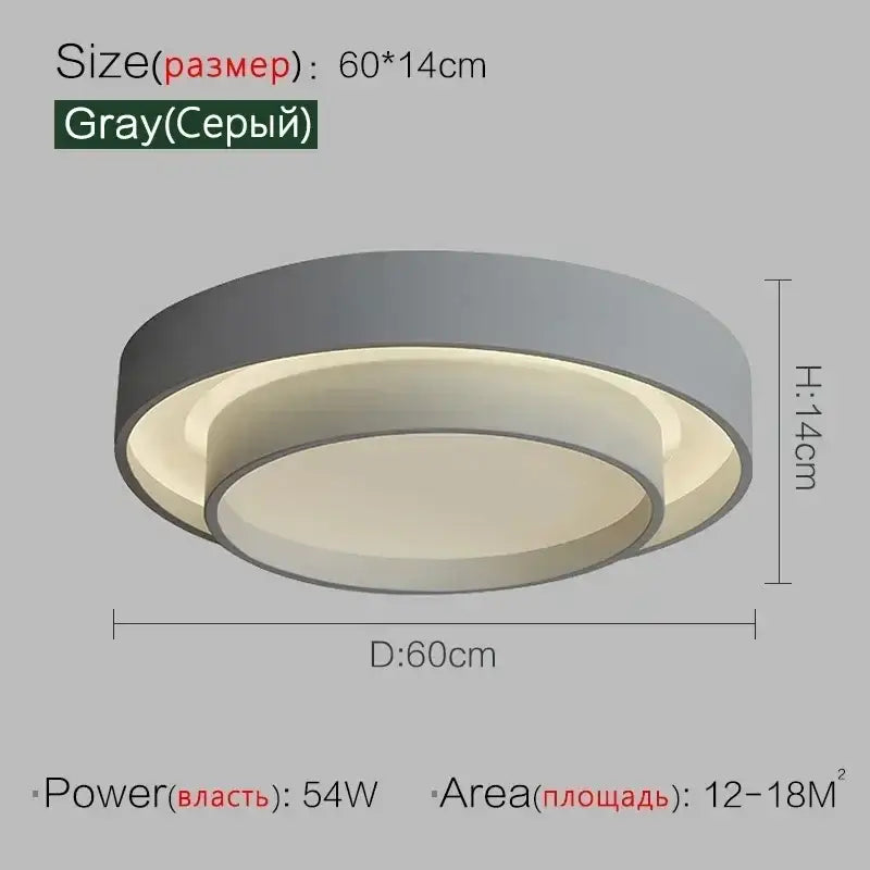 Gray modern double-ring led ceiling light with warm illumination for minimalist white and black bedroom lighting