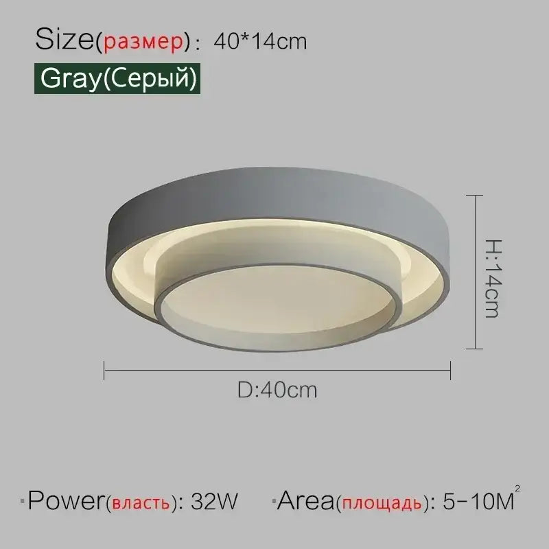 Gray circular led ceiling light with modern minimalist design and two concentric rings for bedroom lighting