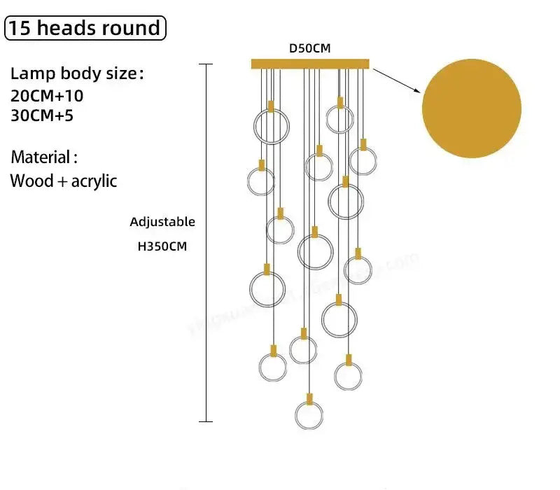 A modern minimalist led wooden staircase ceiling light with 15 gold-toned acrylic rings and adjustable height