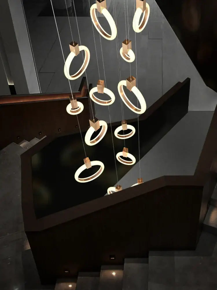Modern minimalist led wooden staircase ceiling lights with glowing rings in gold-toned frames for dining room decorbites