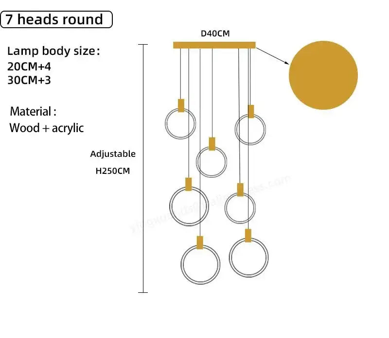 A modern minimalist led wooden staircase ceiling light with seven gold-toned acrylic rings suspended from a wooden base