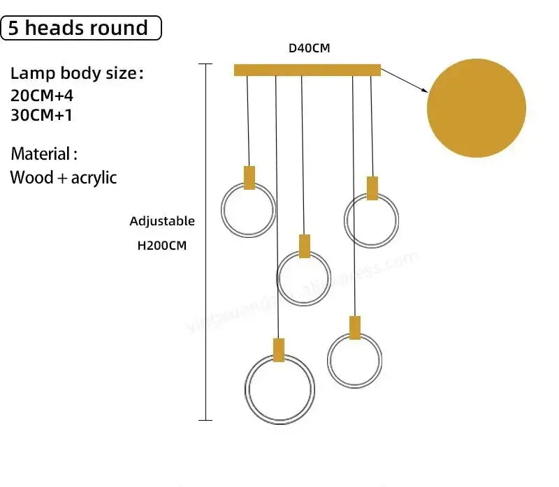 A modern minimalist ceiling light with a wooden base and five acrylic rings for led wooden staircase decorbites use