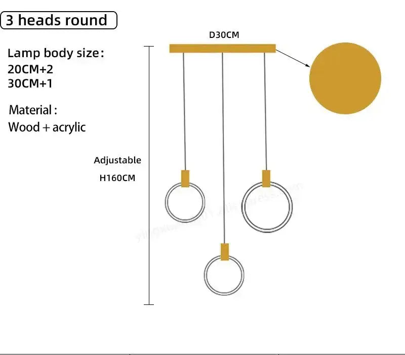 A modern minimalist led wooden staircase ceiling light featuring three acrylic and wooden rings suspended by cords