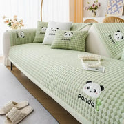 Light green woven fabric sofa cover with embroidered panda faces and panda text for living room seats