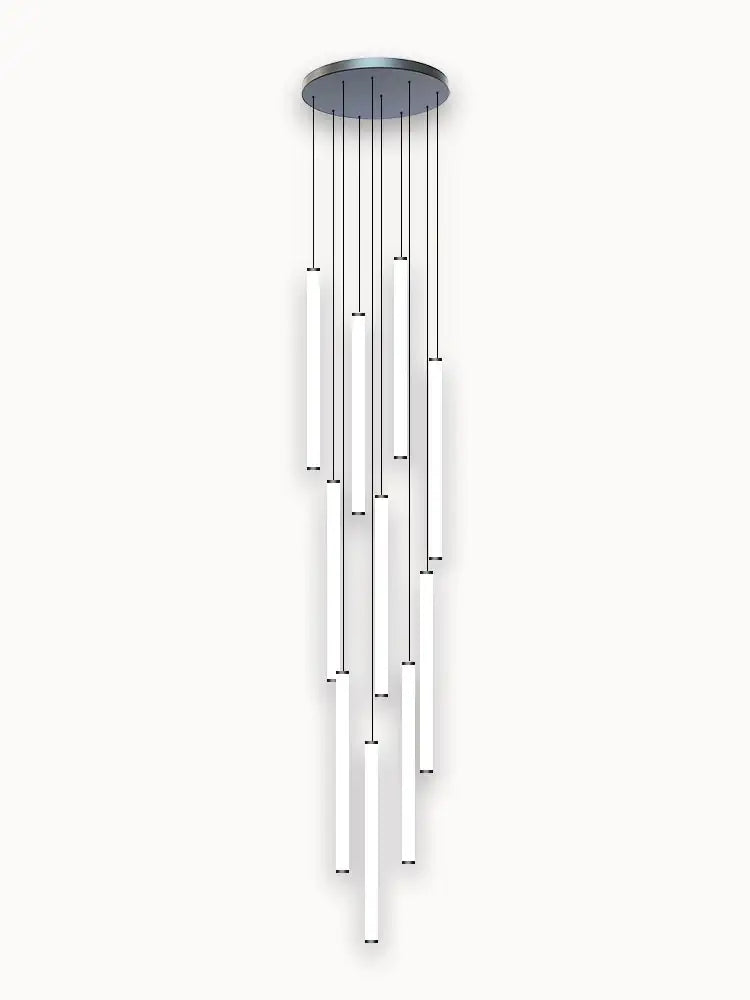 Modern minimalist loft black chandelier pendant light with circular metallic mount and white cylindrical rods decorbites loft black